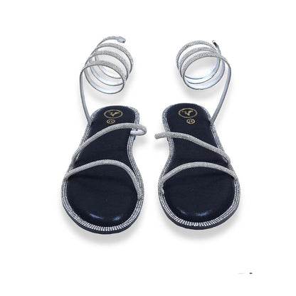 Sana K Luxurious Footwear Silver Spring with Black Pillow Walk Base Open Toe Flats