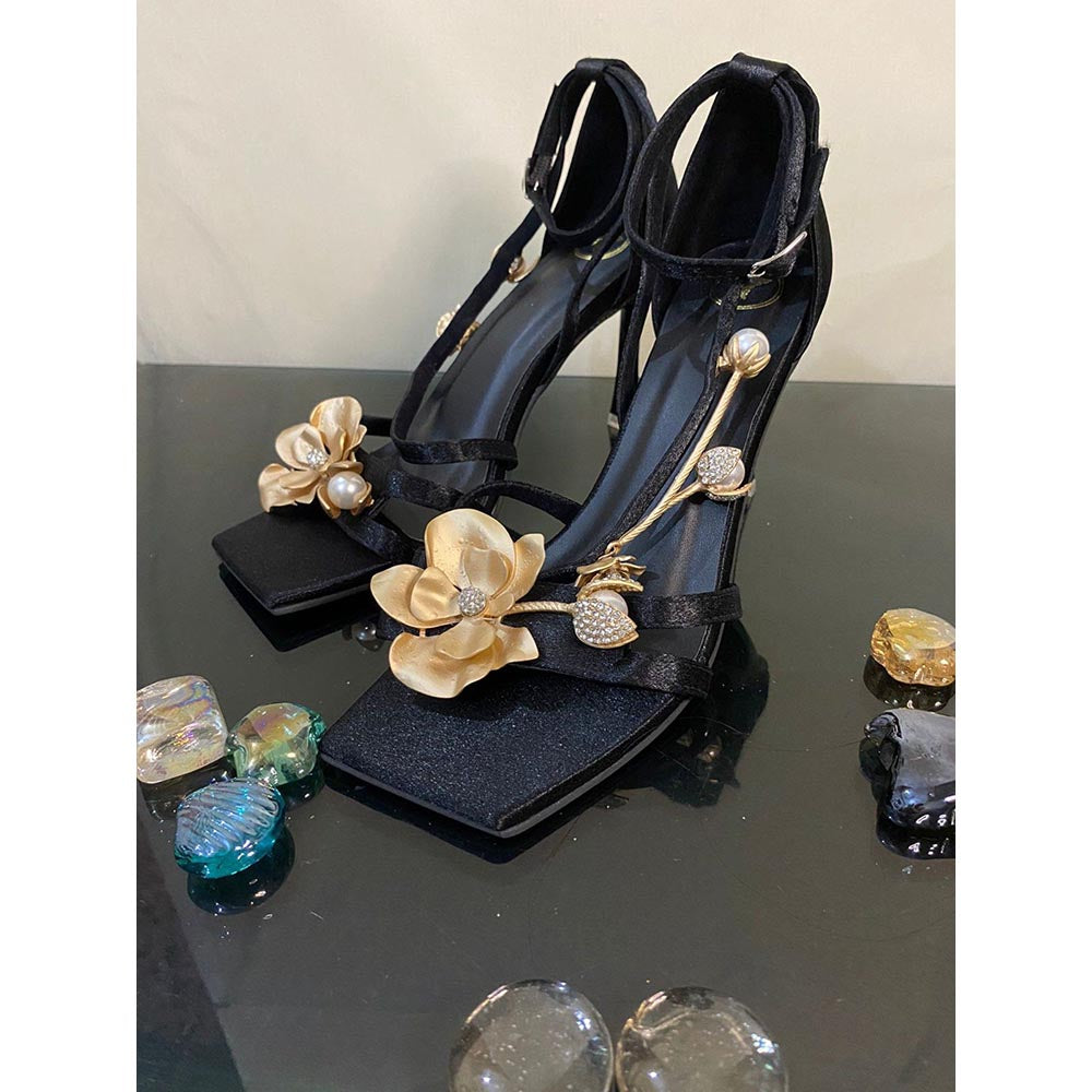 Sana K Luxurious Footwear Black Square Toe La Flor Stilettos Heels