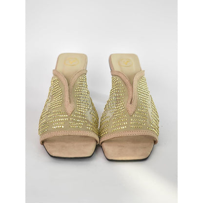 Sana K Luxurious Footwear Gold Square Toe Shark Net Studed Sandal Heels