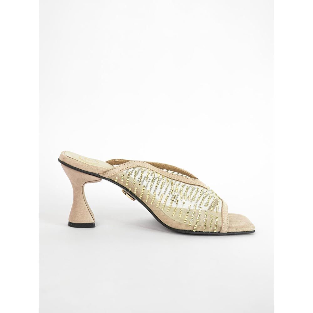 Sana K Luxurious Footwear Gold Square Toe Shark Net Studed Sandal Heels