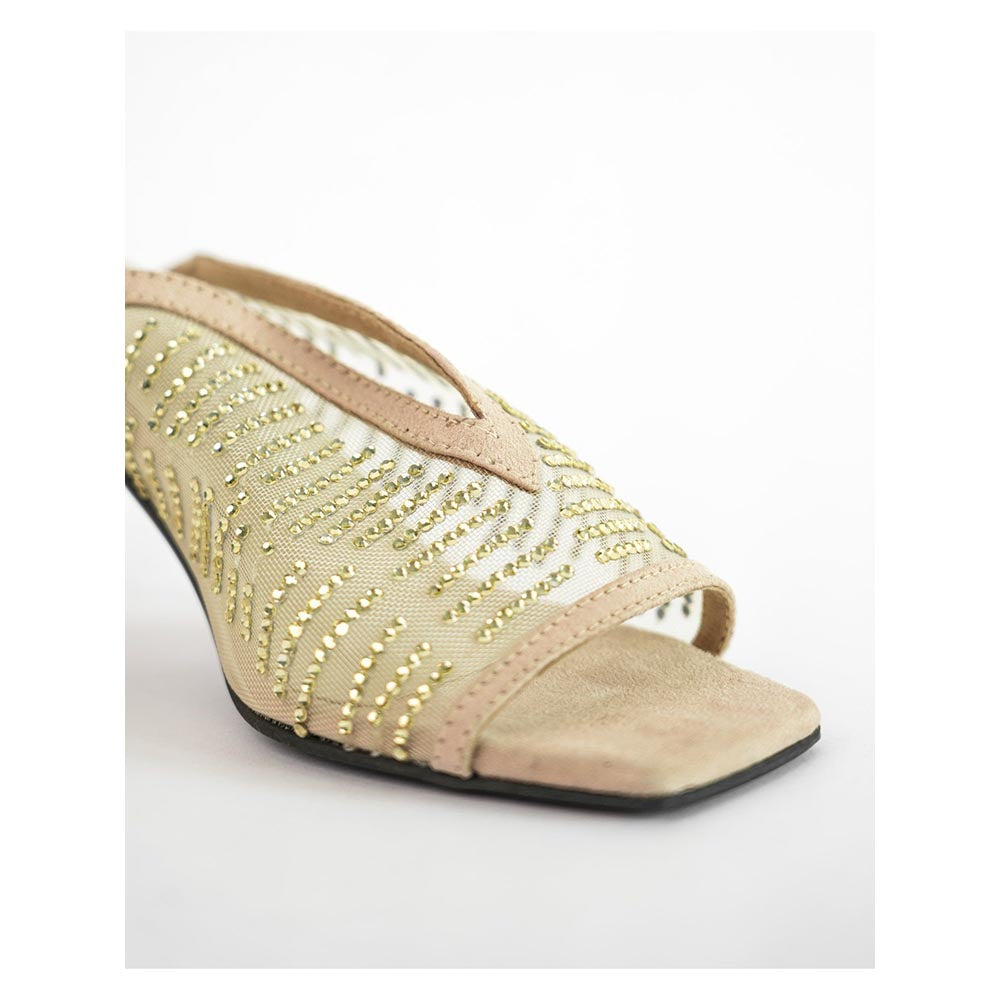 Sana K Luxurious Footwear Gold Square Toe Shark Net Studed Sandal Heels