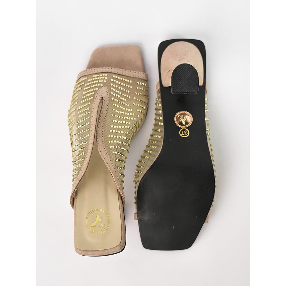 Sana K Luxurious Footwear Gold Square Toe Shark Net Studed Sandal Heels