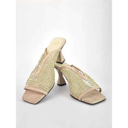 Sana K Luxurious Footwear Gold Square Toe Shark Net Studed Sandal Heels