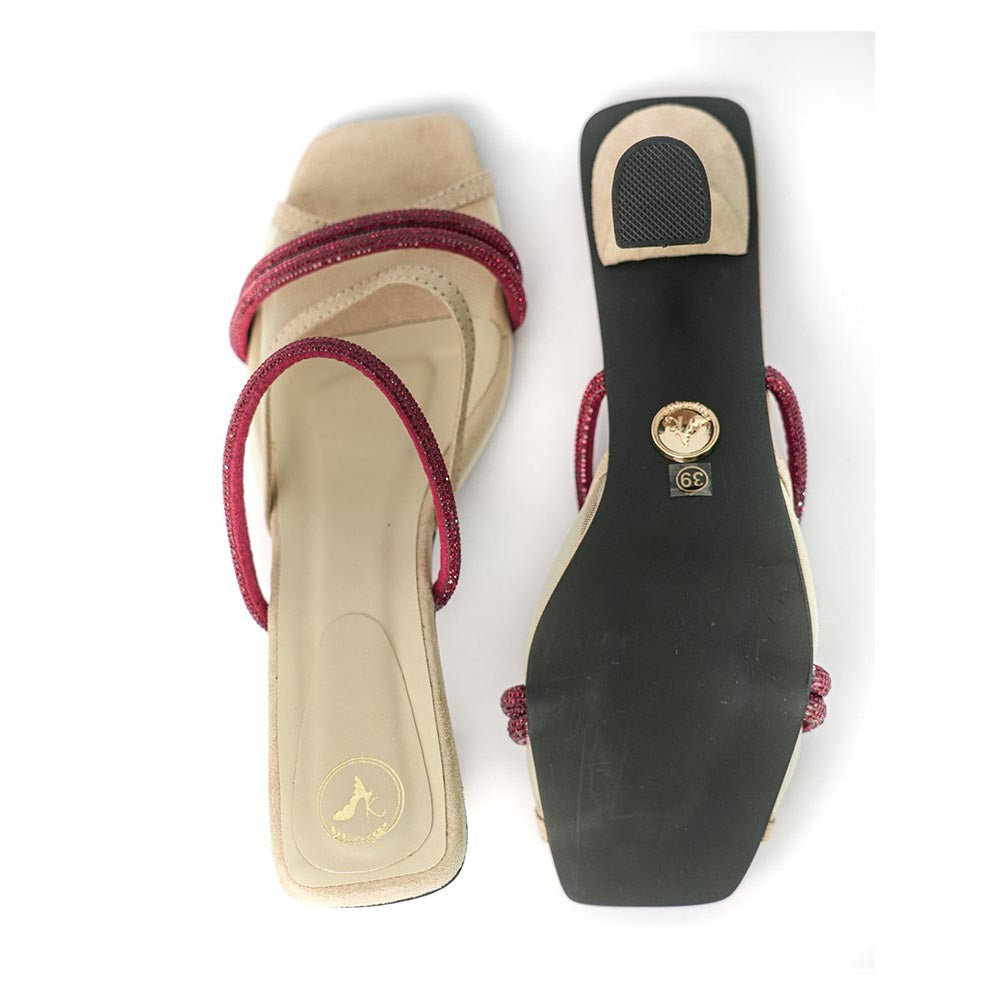 Sana K Luxurious Footwear Beige Square Toe Slip On Closure Alaya Ruby Sandal Heels
