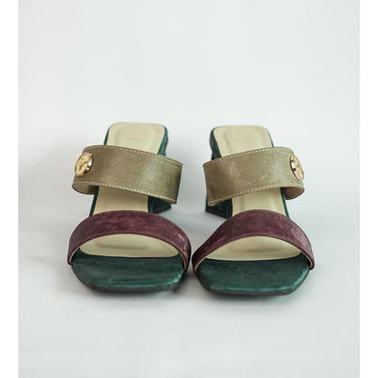 Sana K Luxurious Footwear Green Square Toe Slip-On Closure Multi Logo Unicorn Sandal Heels