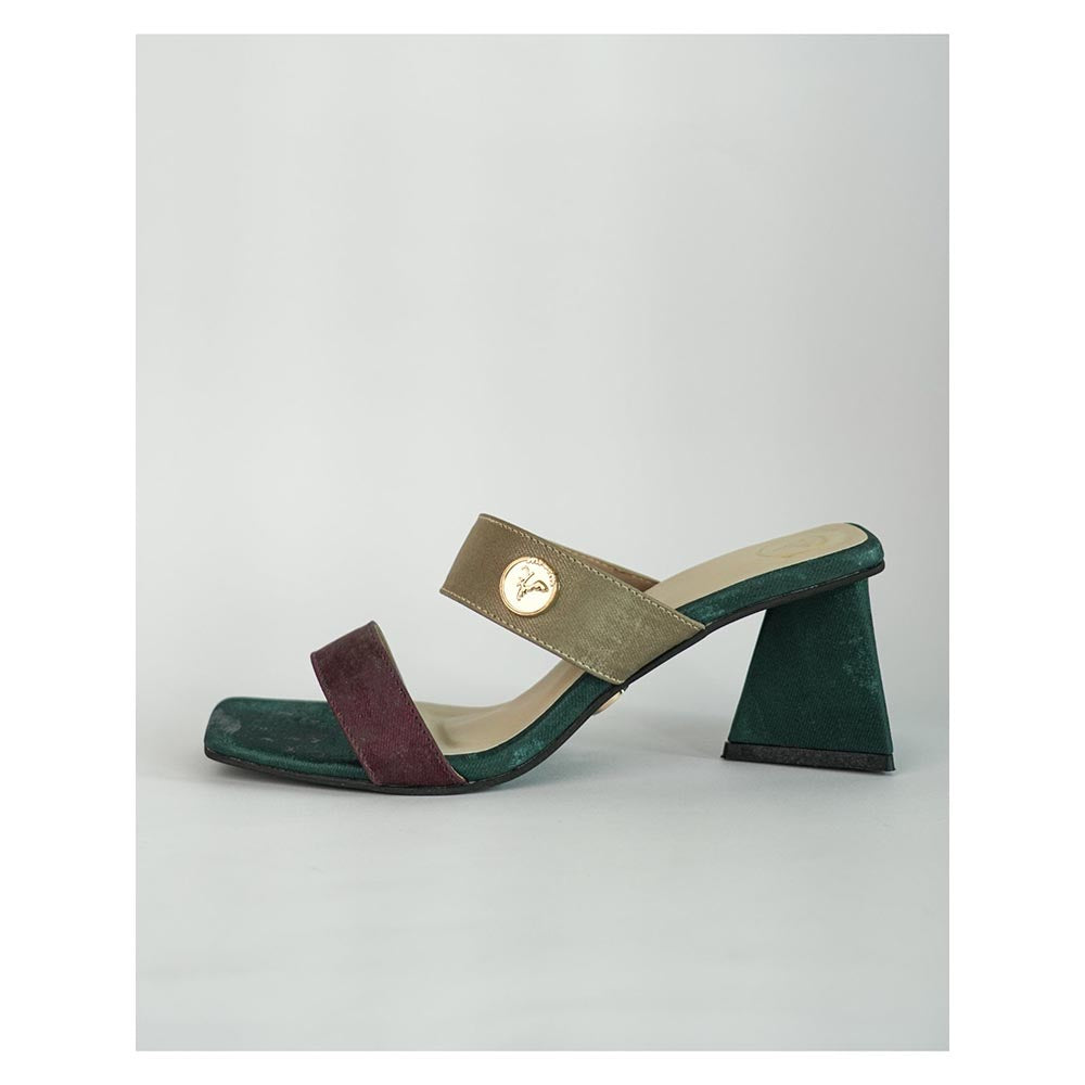 Sana K Luxurious Footwear Green Square Toe Slip-On Closure Multi Logo Unicorn Sandal Heels