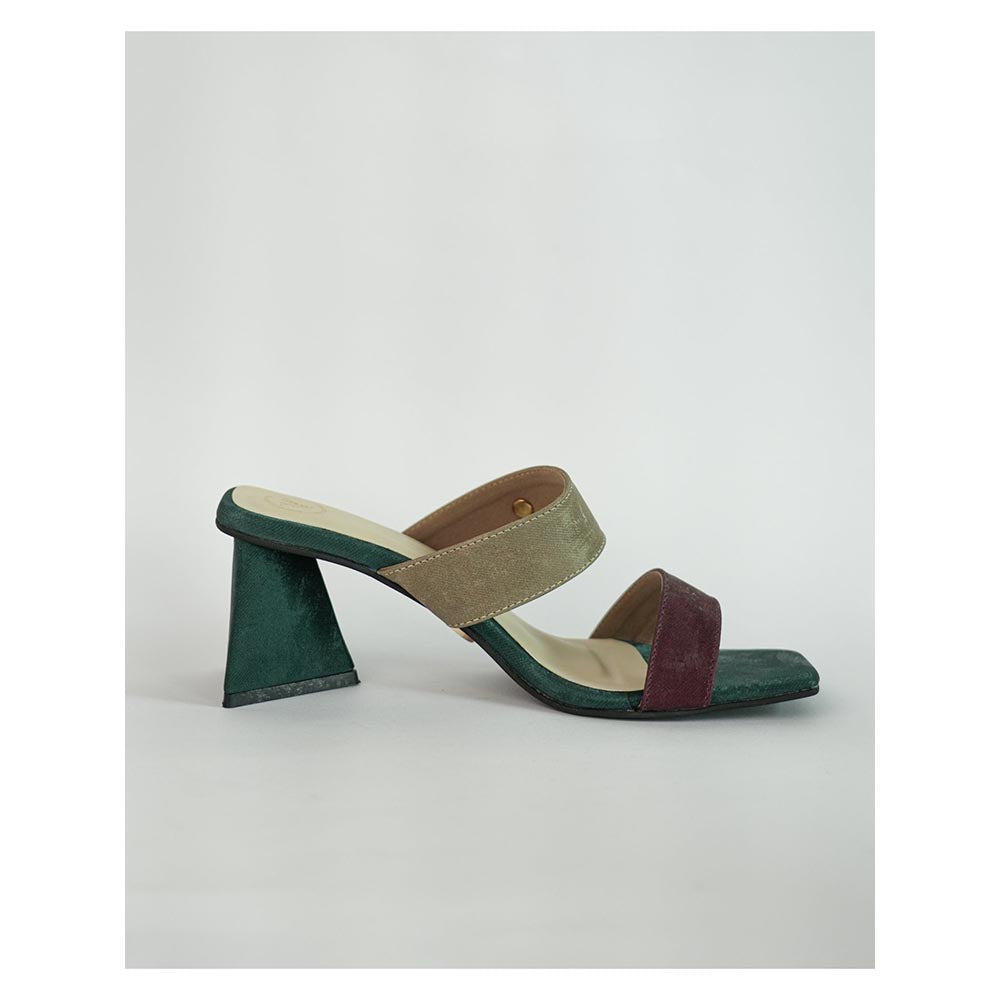 Sana K Luxurious Footwear Green Square Toe Slip-On Closure Multi Logo Unicorn Sandal Heels
