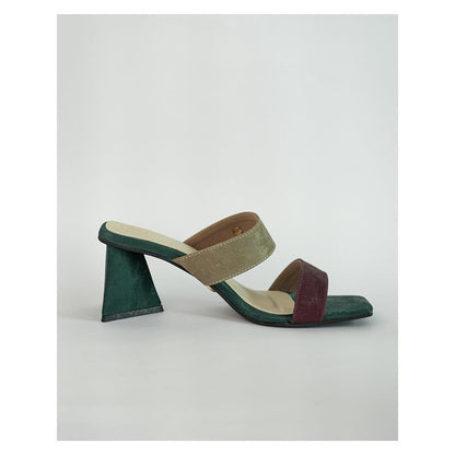 Sana K Luxurious Footwear Green Square Toe Slip-On Closure Multi Logo Unicorn Sandal Heels