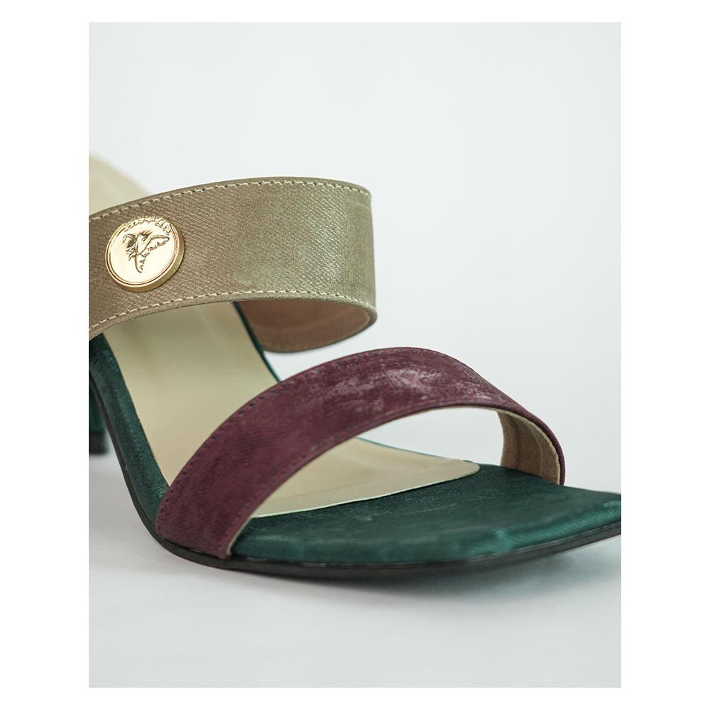 Sana K Luxurious Footwear Green Square Toe Slip-On Closure Multi Logo Unicorn Sandal Heels