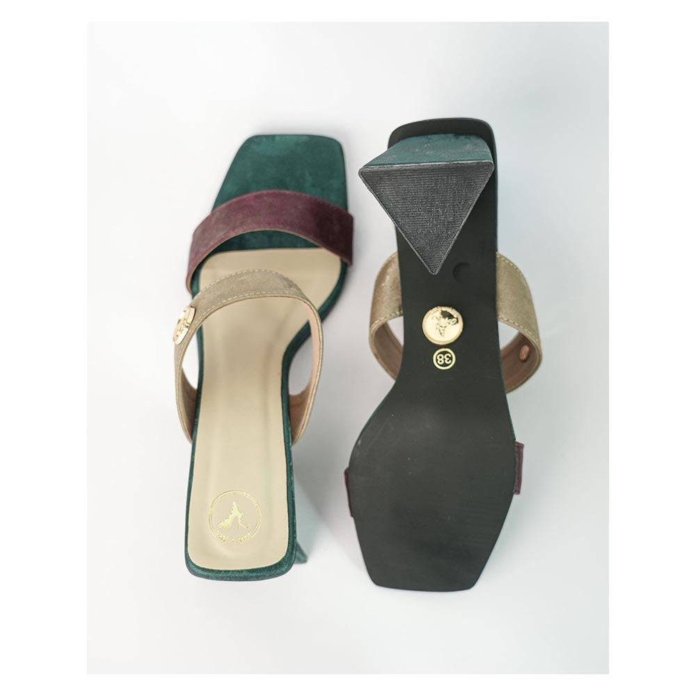 Sana K Luxurious Footwear Green Square Toe Slip-On Closure Multi Logo Unicorn Sandal Heels