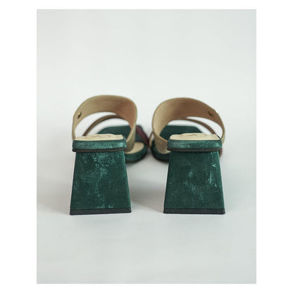 Sana K Luxurious Footwear Green Square Toe Slip-On Closure Multi Logo Unicorn Sandal Heels
