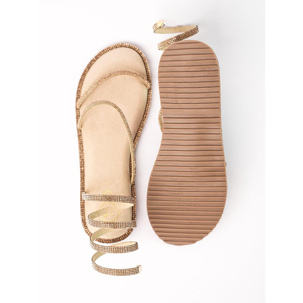 Sana K Luxurious Footwear Beige Gold Open Toe Pillow Walk Gladiators Flats