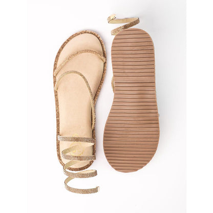 Sana K Luxurious Footwear Beige Gold Open Toe Pillow Walk Gladiators Flats