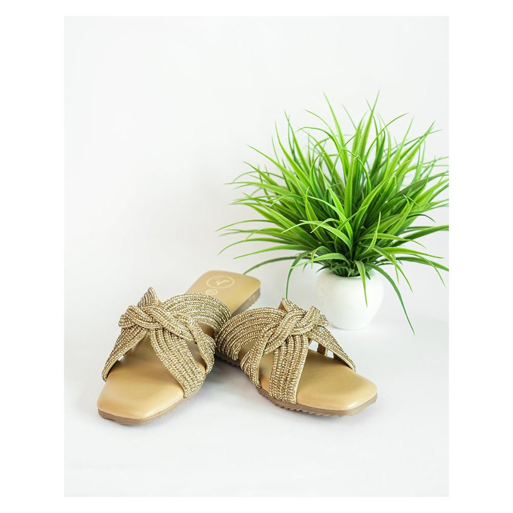 Sana K Luxurious Footwear Gold Open Toe Slip-On Closure Twister Flats