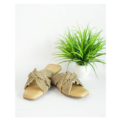 Sana K Luxurious Footwear Gold Open Toe Slip-On Closure Twister Flats