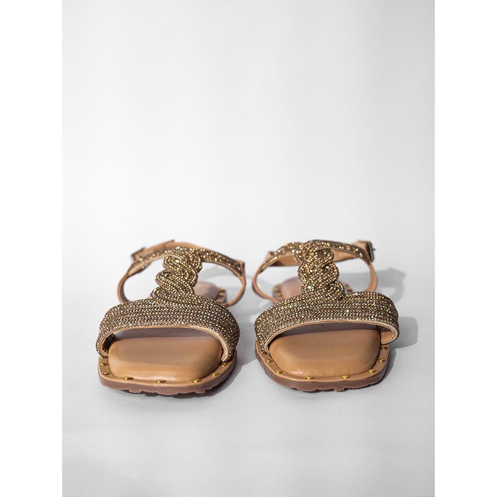Sana K Luxurious Footwear Gold Open Toe Twister Stud Flat Sandals