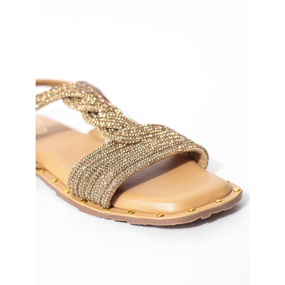 Sana K Luxurious Footwear Gold Open Toe Twister Stud Flat Sandals