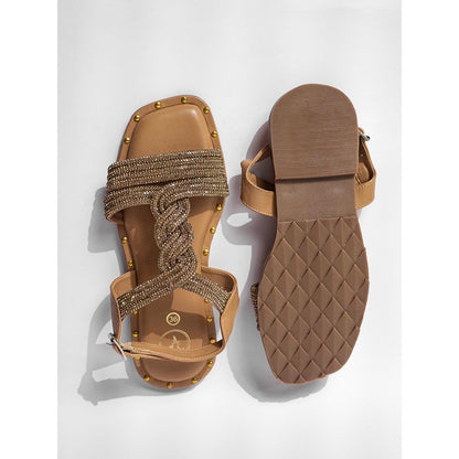 Sana K Luxurious Footwear Gold Open Toe Twister Stud Flat Sandals