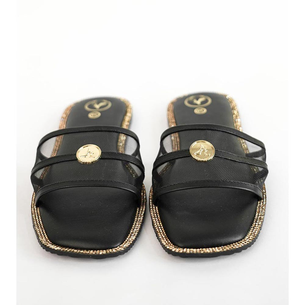 Sana K Luxurious Footwear Black Open Toe Narrow Fit Flats