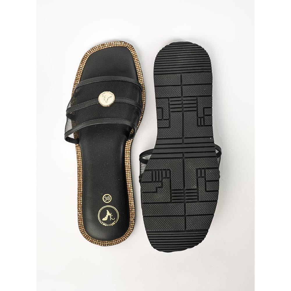 Sana K Luxurious Footwear Black Open Toe Narrow Fit Flats