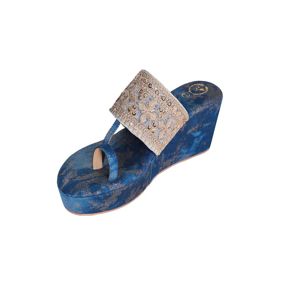 Sana K Luxurious Footwear Noor-E-Badr Blue One Toe Wedges