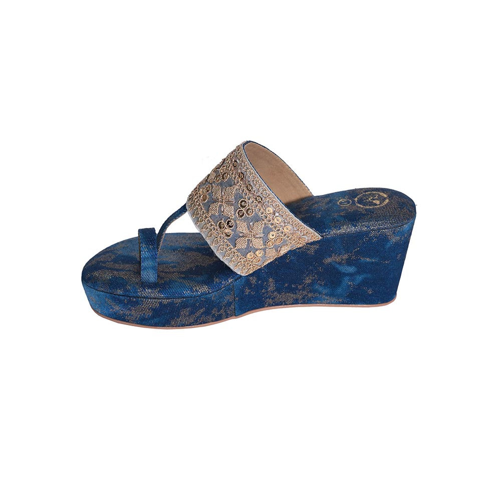Sana K Luxurious Footwear Noor-E-Badr Blue One Toe Wedges