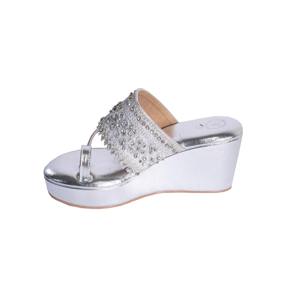 Sana K Luxurious Footwear Silver Noor-E-Sama One Toe Mid Ankle Wedges