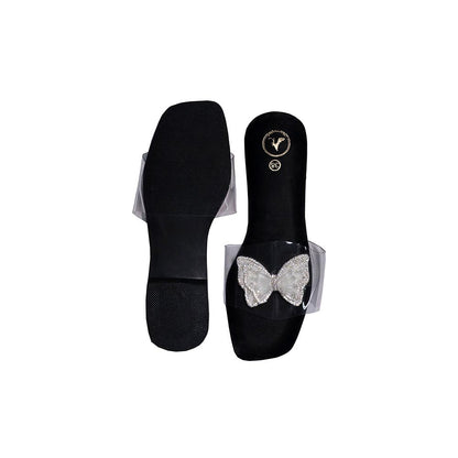 Sana K Luxurious Footwear Black Butterfly Open Toe Slip-On Flats