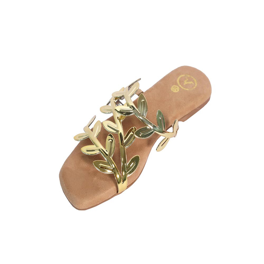 Sana K Luxurious Footwear Gold Faux Leather Open Toe Gold Leafy Flats