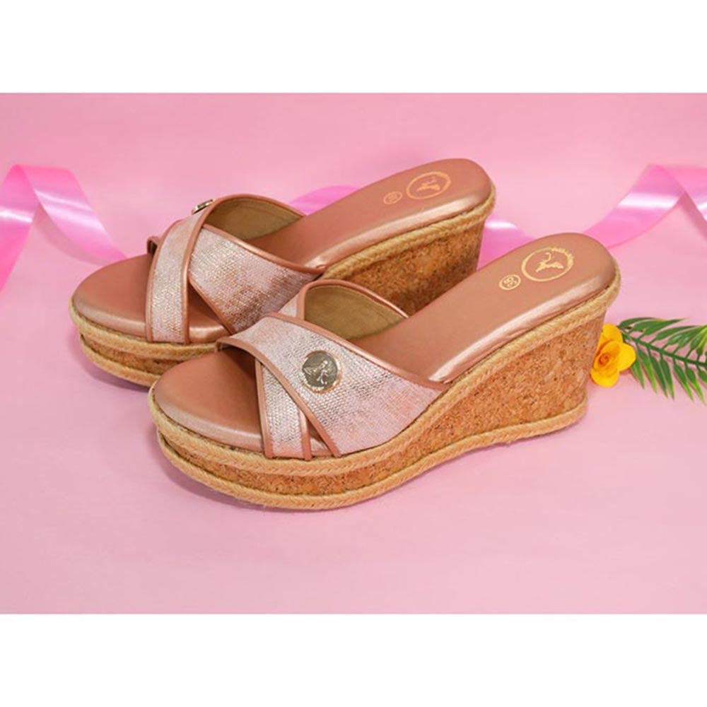 Sana K Luxurious Footwear Women Sufi Cork Round Toe Pink Wedges Heels