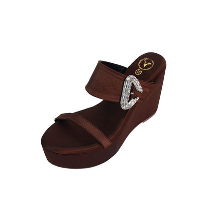Sana K Luxurious Footwear Women Brown Round Toe Slip-On Mocha Wedges Heels