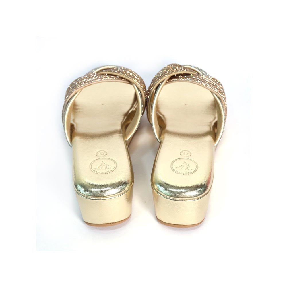 Sana K Luxurious Footwear Women Gold Round Toe Faux Trio Wedges Heels