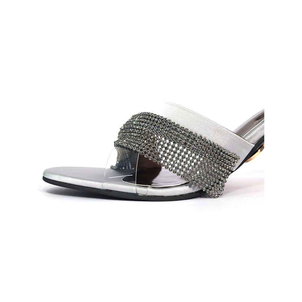 Sana K Luxurious Footwear Women Round Toe Slip On Glance Grey Heels