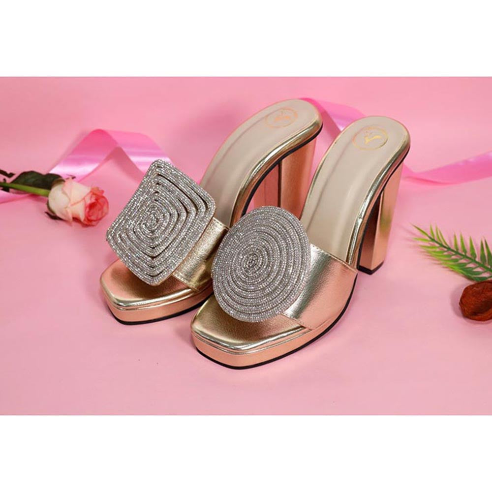 Sana K Luxurious Footwear Women Square Toe Cube Globe Elevation Gold Heels