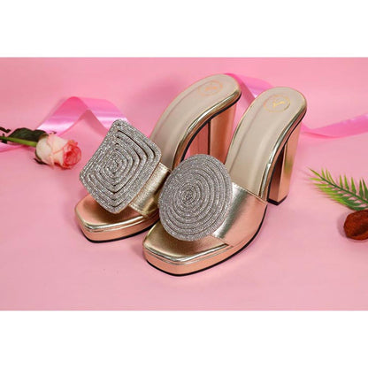 Sana K Luxurious Footwear Women Square Toe Cube Globe Elevation Gold Heels