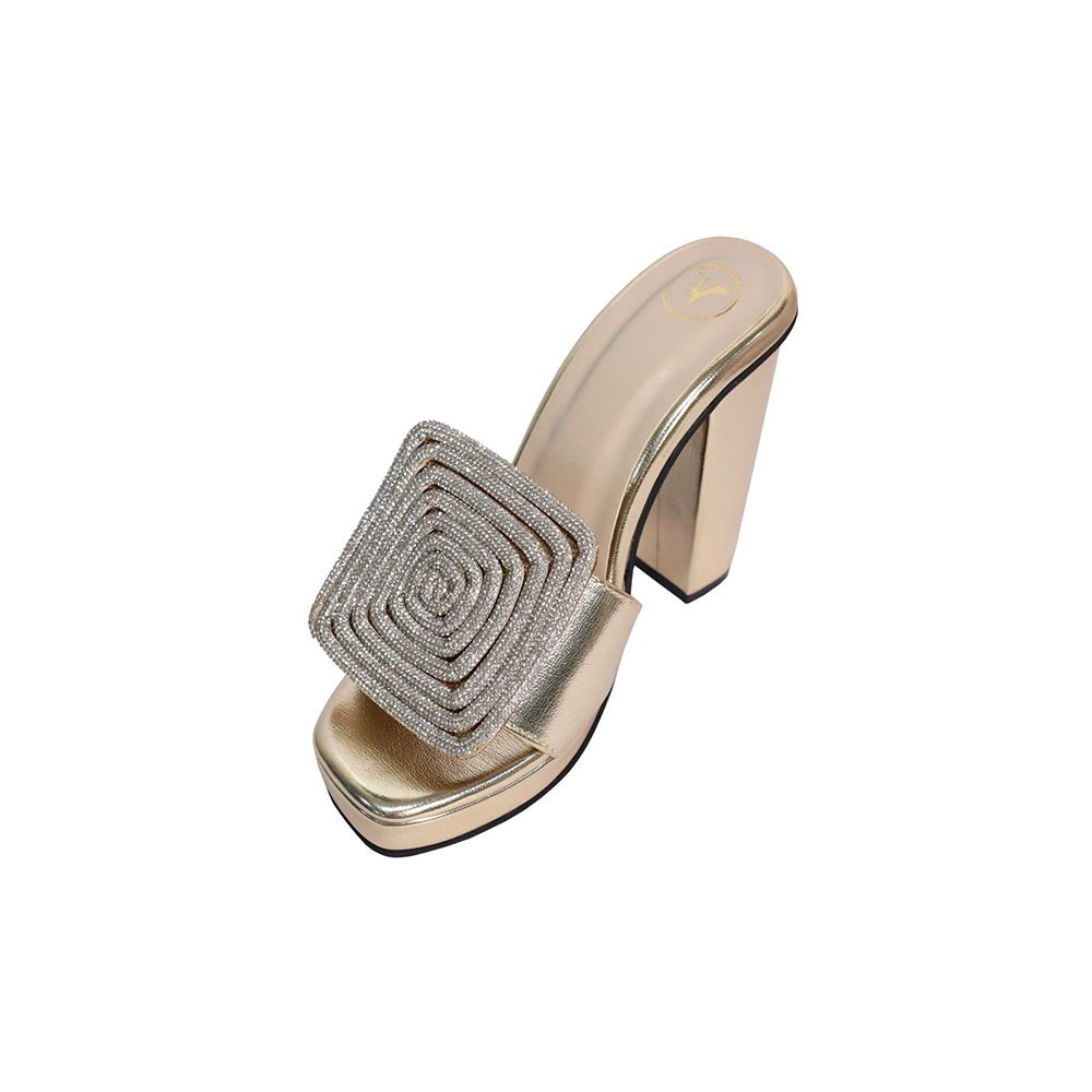 Sana K Luxurious Footwear Women Square Toe Cube Globe Elevation Gold Heels