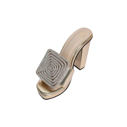 Sana K Luxurious Footwear Women Square Toe Cube Globe Elevation Gold Heels