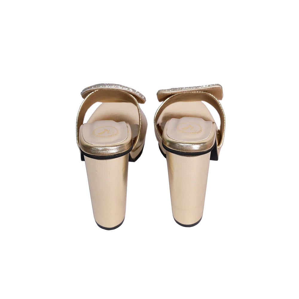 Sana K Luxurious Footwear Women Square Toe Cube Globe Elevation Gold Heels