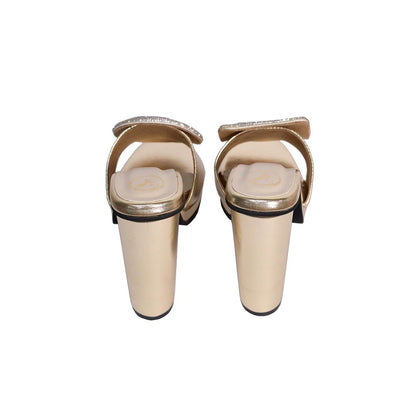 Sana K Luxurious Footwear Women Square Toe Cube Globe Elevation Gold Heels
