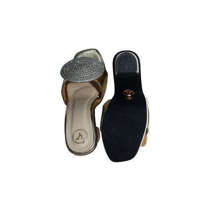 Sana K Luxurious Footwear Women Square Toe Cube Globe Elevation Gold Heels