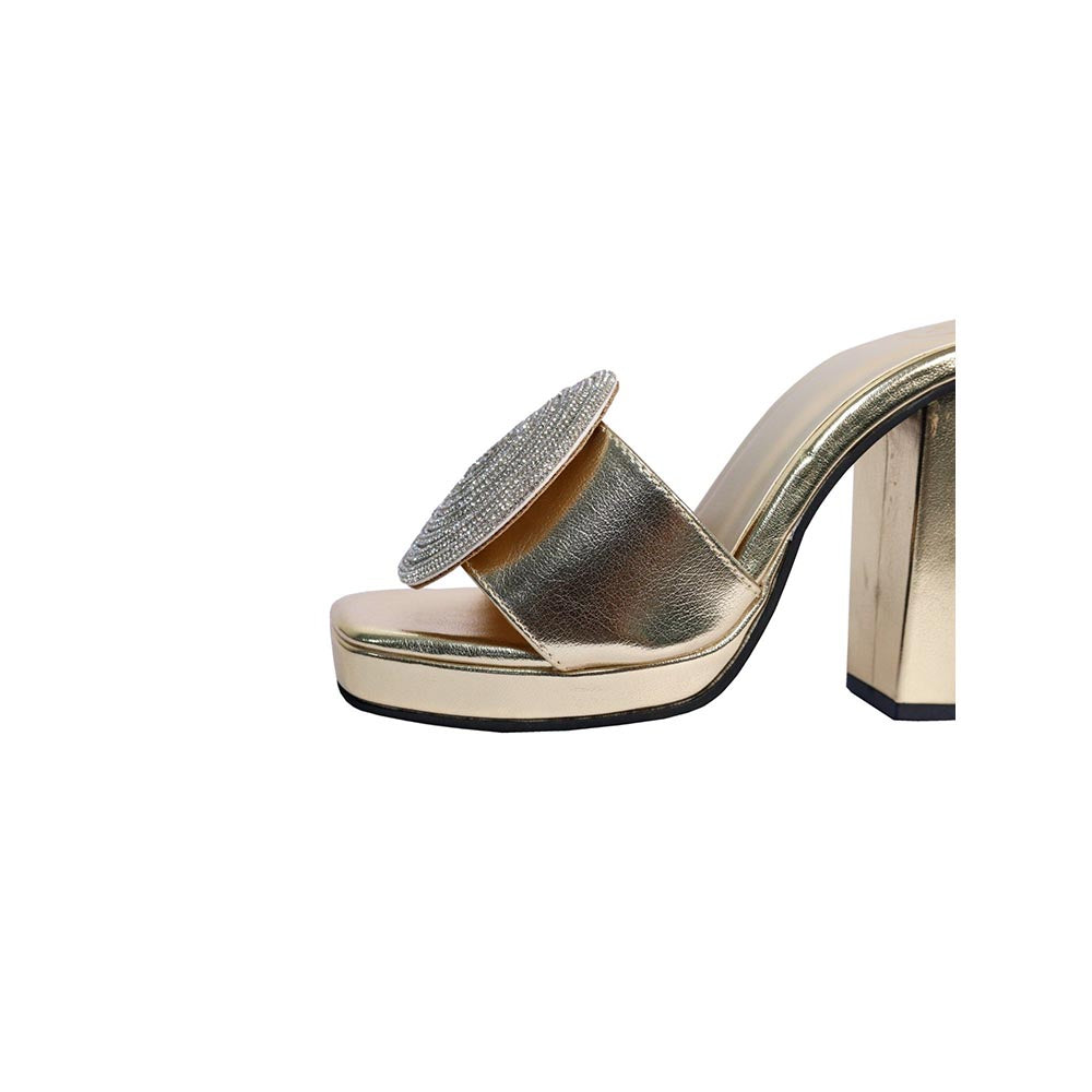Sana K Luxurious Footwear Women Square Toe Cube Globe Elevation Gold Heels