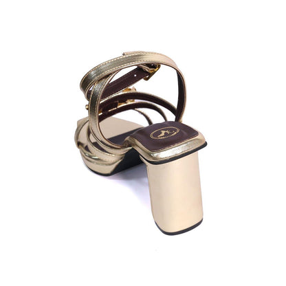 Sana K Luxurious Footwear Zeno Gold Square Toe Faux Leather Heels for Women