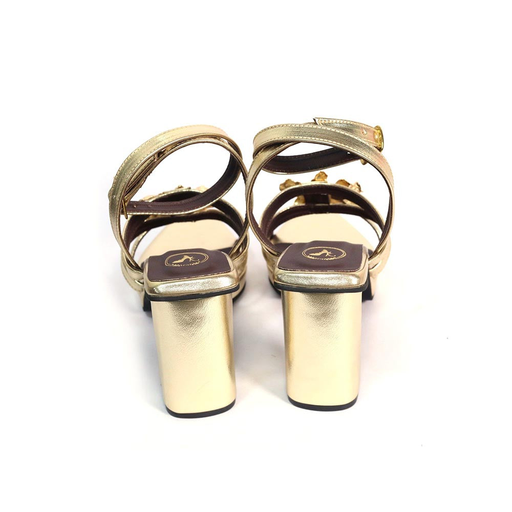 Sana K Luxurious Footwear Zeno Gold Square Toe Faux Leather Heels for Women