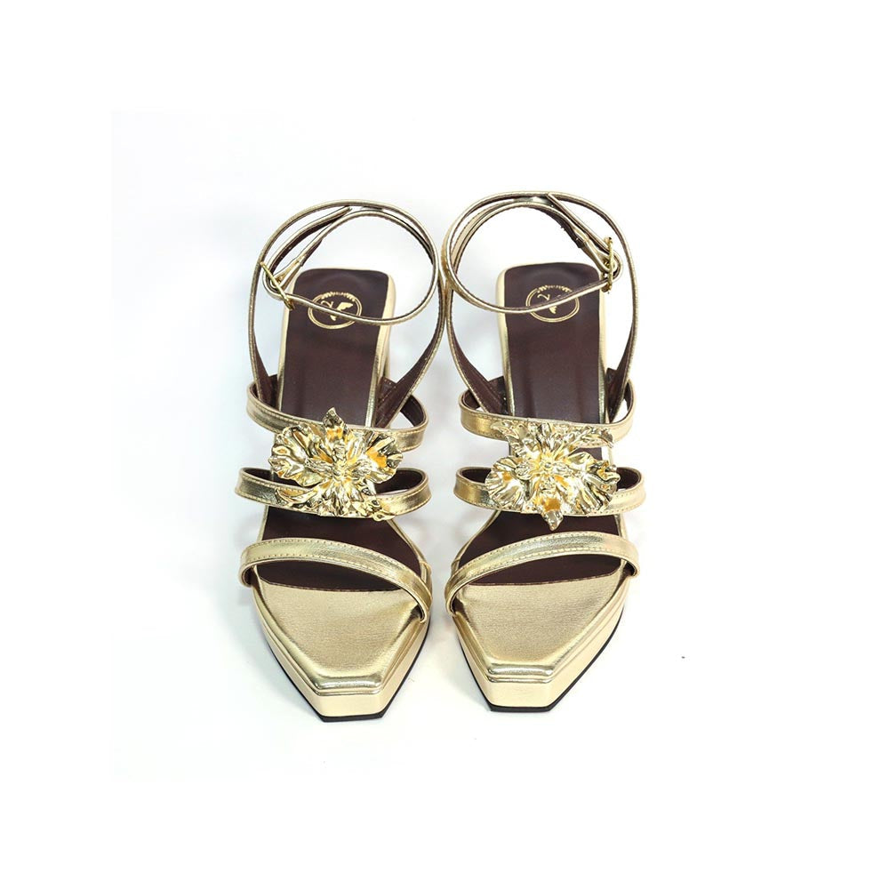 Sana K Luxurious Footwear Zeno Gold Square Toe Faux Leather Heels for Women