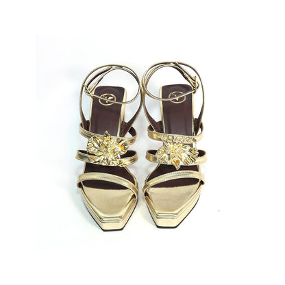 Sana K Luxurious Footwear Zeno Gold Square Toe Faux Leather Heels for Women