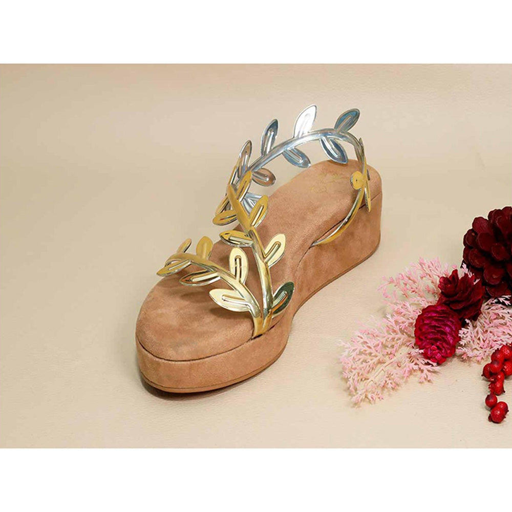 Sana K Luxurious Footwear Gold Leafy Beige Wedges