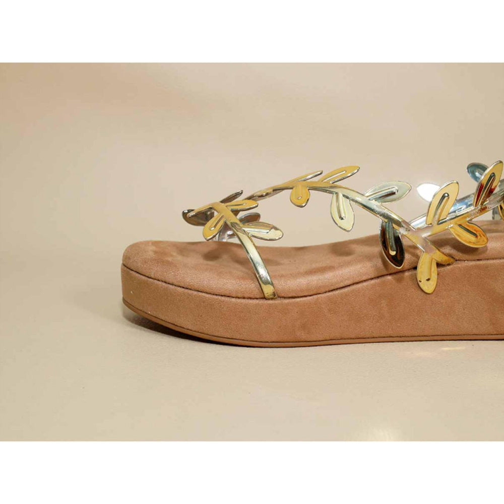 Sana K Luxurious Footwear Gold Leafy Beige Wedges