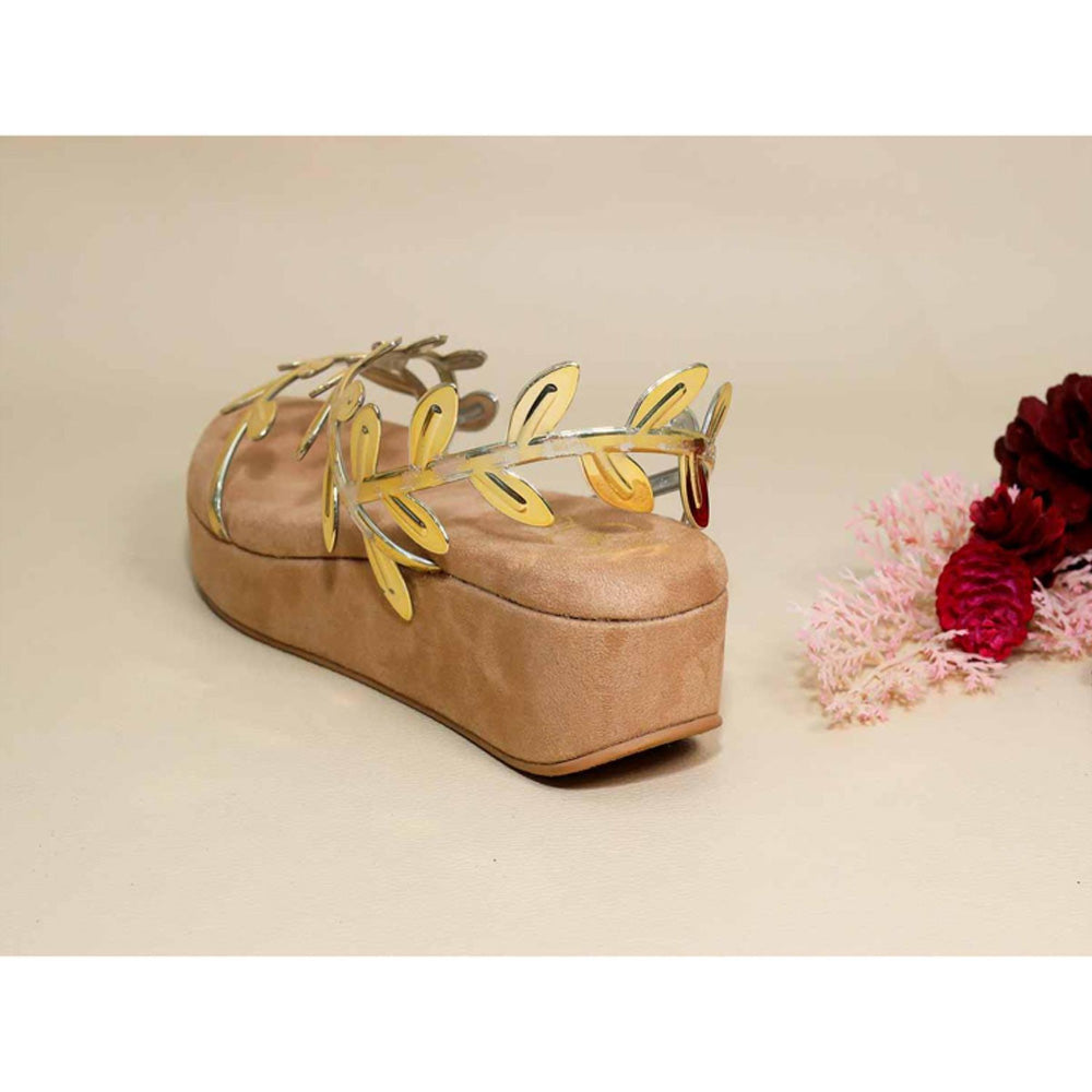 Sana K Luxurious Footwear Gold Leafy Beige Wedges
