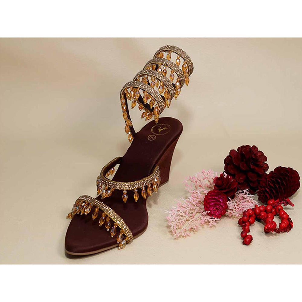 Sana K Luxurious Footwear Gold Jhallar Brown Half Wedges
