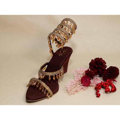 Sana K Luxurious Footwear Gold Jhallar Brown Half Wedges